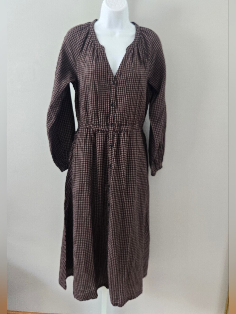 Pact Brown Gingham Long-Sleeve Button-Front Dress